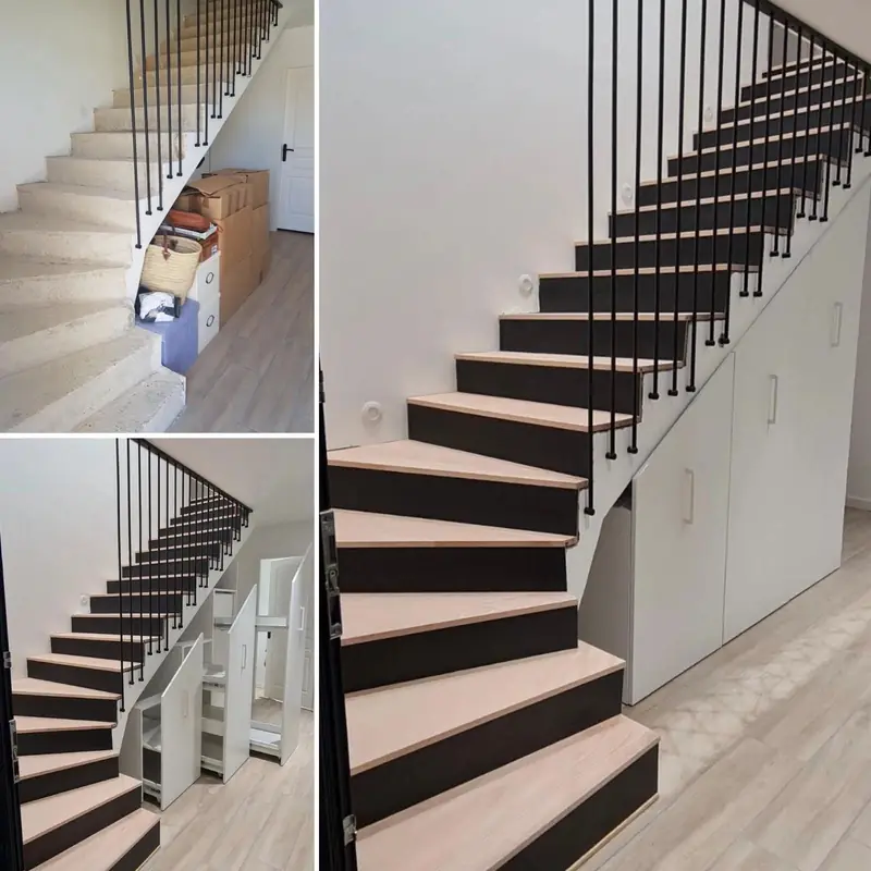 Escalier sur mesure avec marches en bois et garde-corps noir